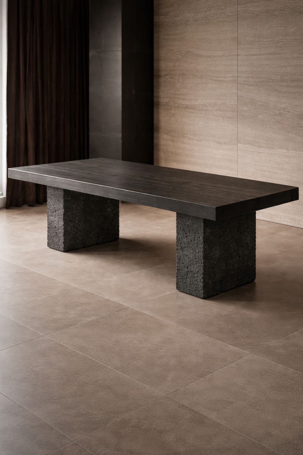 Eterna Atelier subfossil oak table with sculptural stone bases