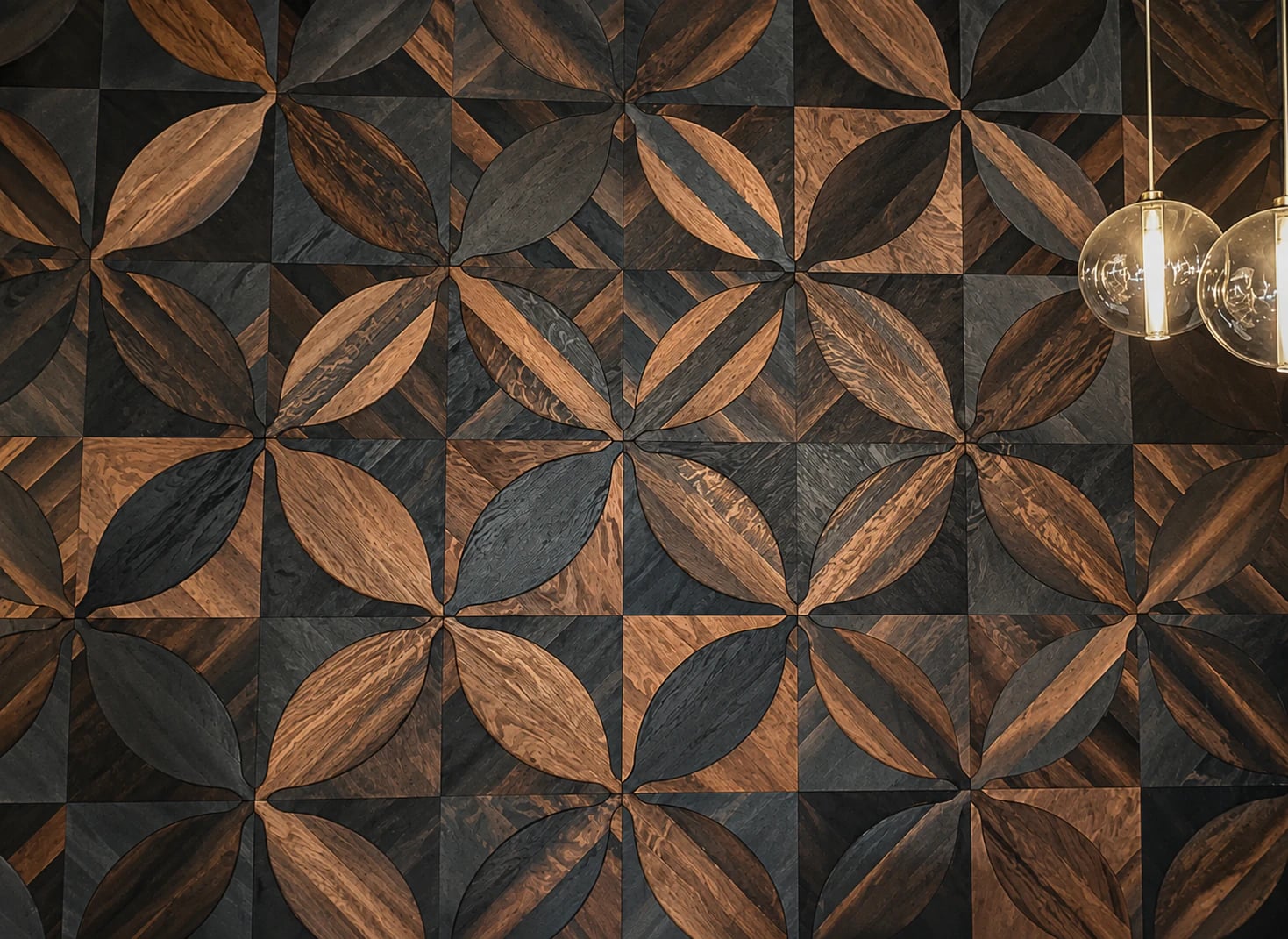 Decorative wall composed of geometric wood patterns